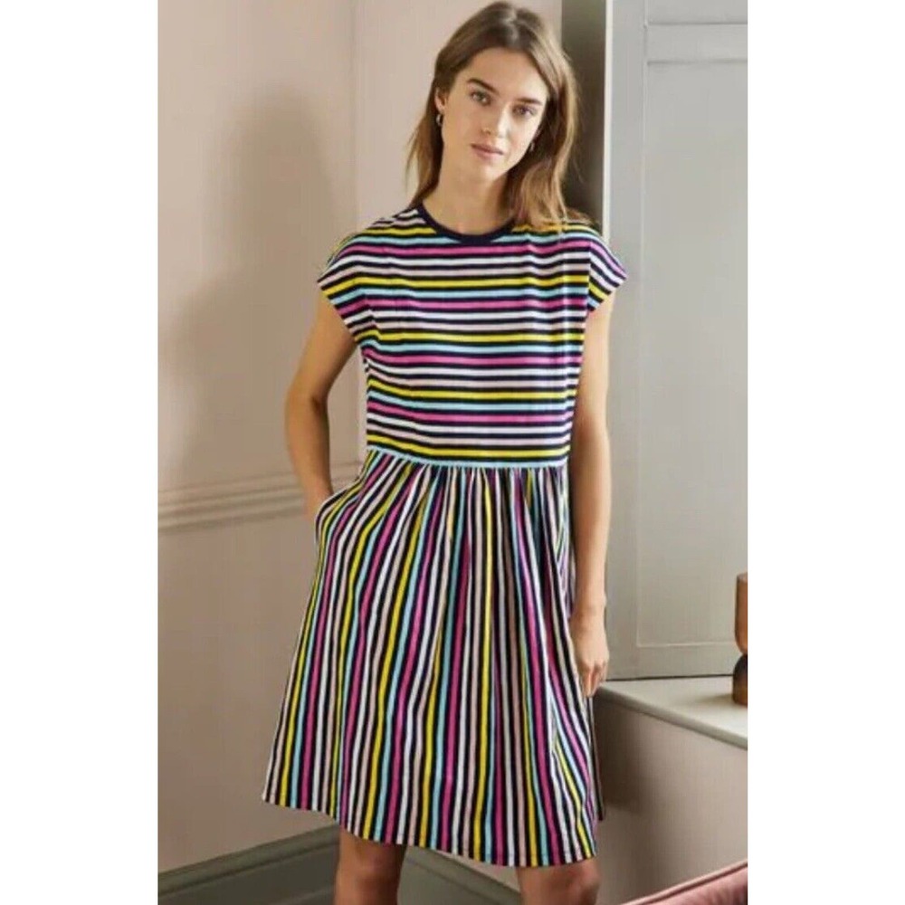 Boden Women’s Cotton Jersey T-shirt Dress Size US 4R Rainbow Stripe Pockets Aa17